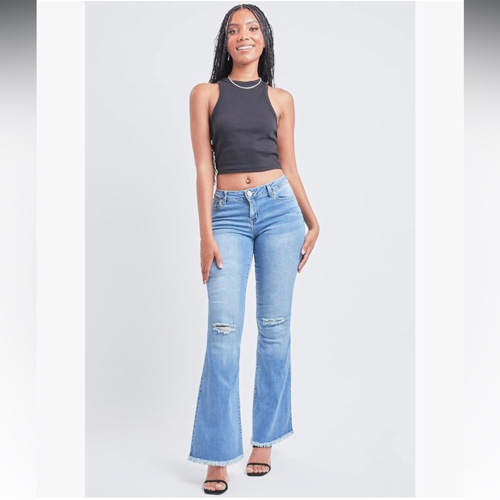 YMI Women's Blue Flared Jeans Fray Hem